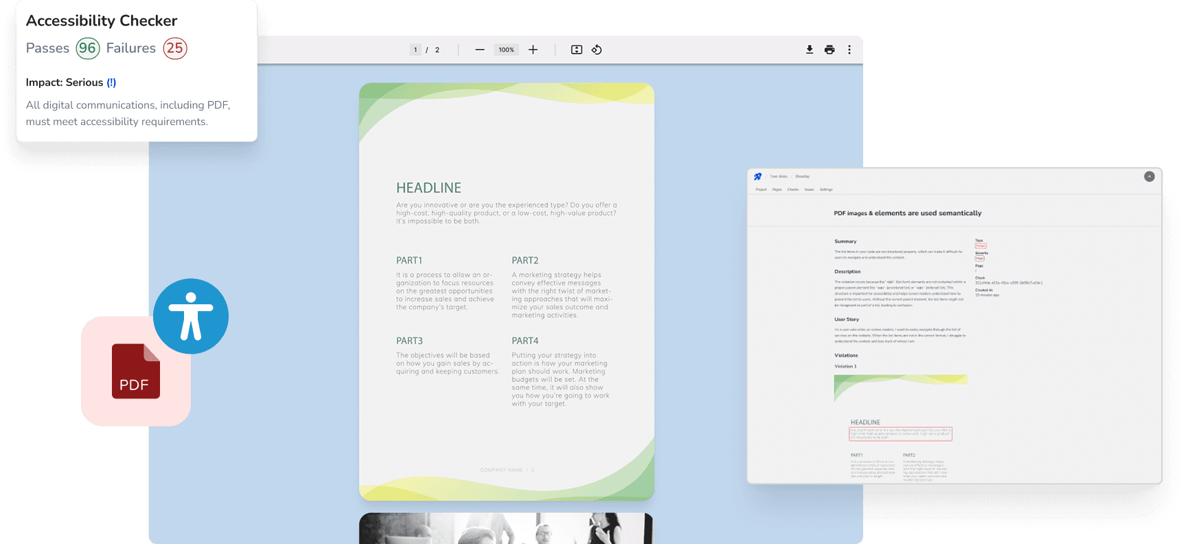 PDF accessibility scanning interface showing document preview and accessibility checker